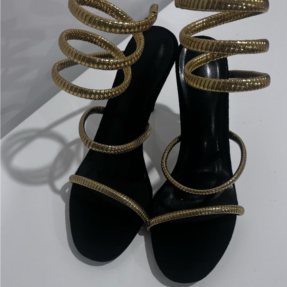 Black Suede, gold Snake-Wrap heel Sandals